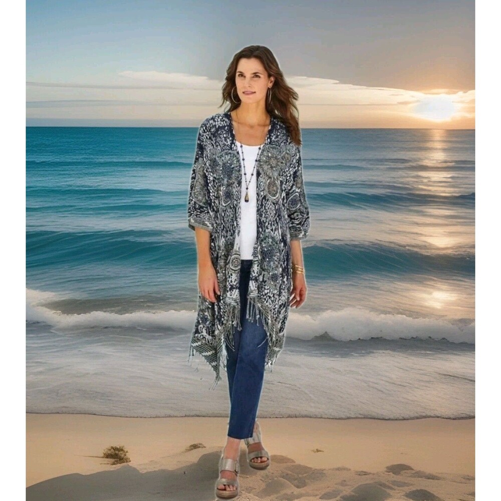 SOFT SURROUNDINGS Emory Cardi SEQUIN FRINGE TOPPER Open Cardigan S/M Blue